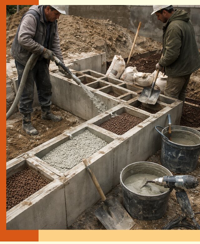 Заполнение полостей фундамента в чайковском герметичным утеплением и повышением прочности
